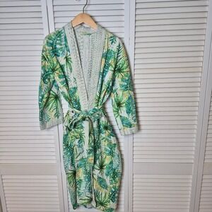 Kantha Cotton Reversible Boho Kimono Jacket Unisex Robe Mint Green Leaves OSFM